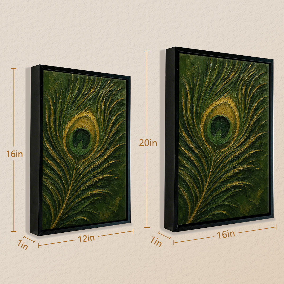Framed Peacock Feather Art Print, Vibrant Green & Gold Design, Perfect Home Decor for Living Room or Hallway