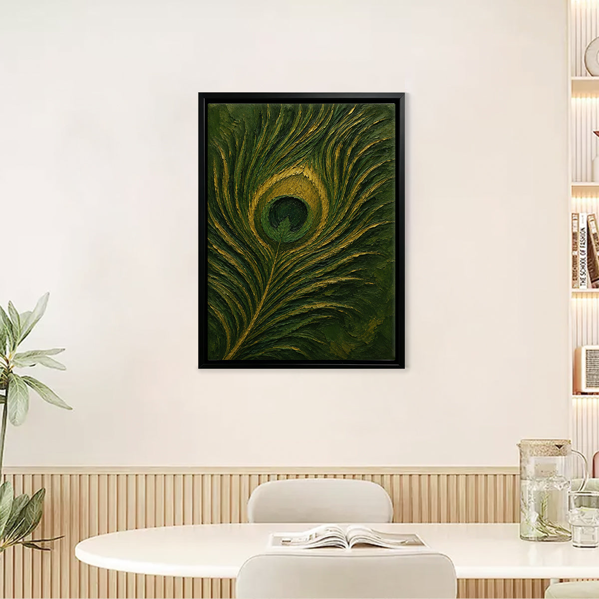 Framed Peacock Feather Art Print, Vibrant Green & Gold Design, Perfect Home Decor for Living Room or Hallway