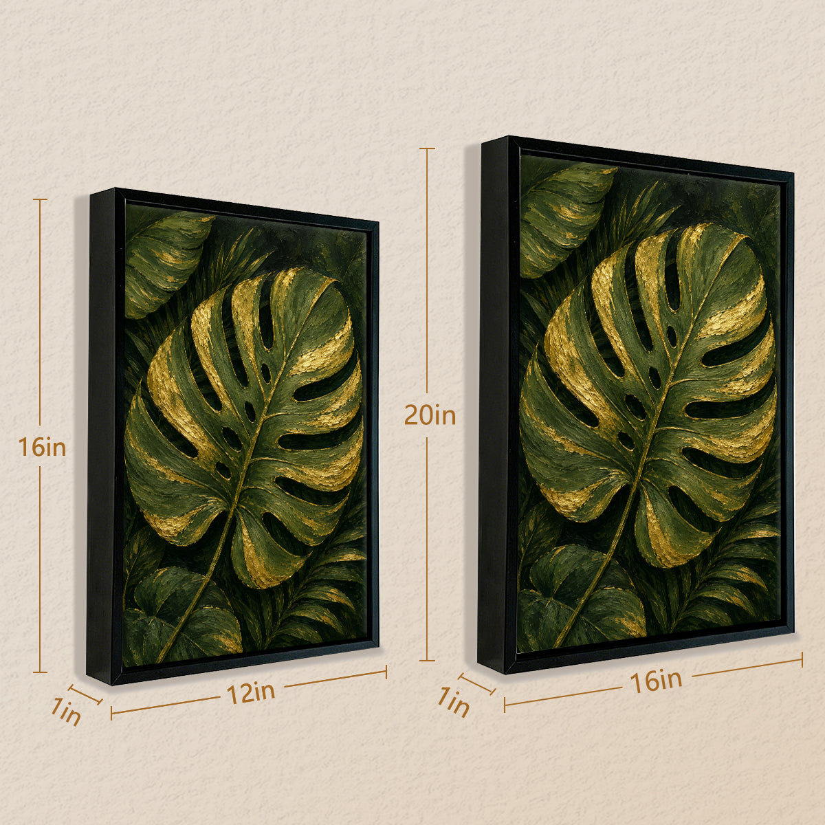 Framed Monstera Leaf Art Print, Tropical Green and Gold Design, Perfect Home Decor for Living Room or Staircase