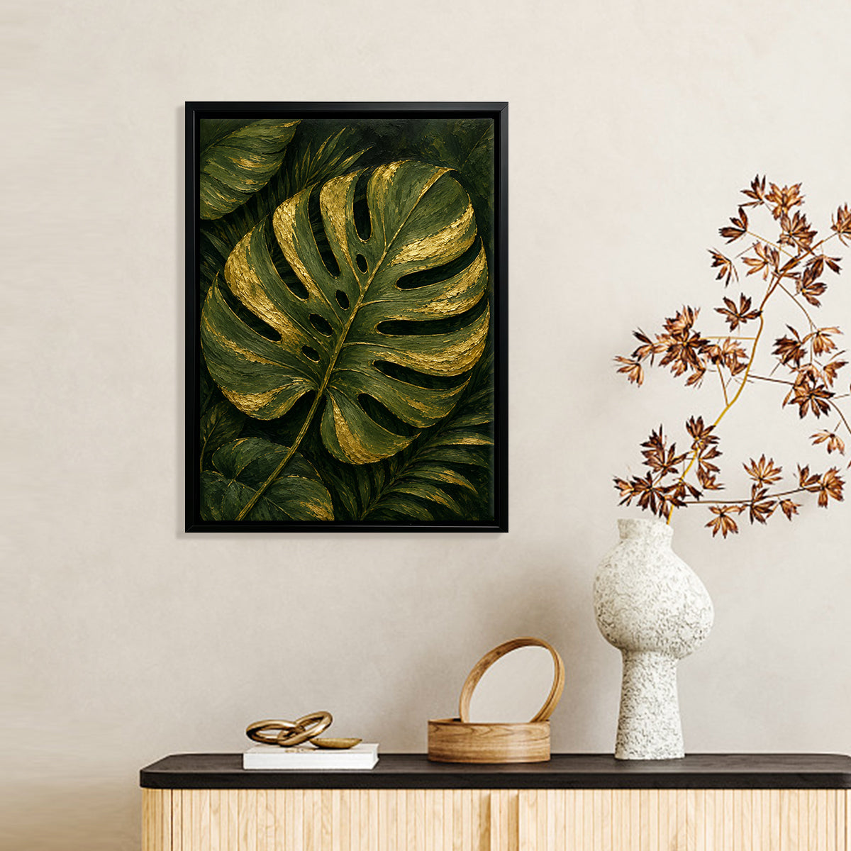 Framed Monstera Leaf Art Print, Tropical Green and Gold Design, Perfect Home Decor for Living Room or Staircase