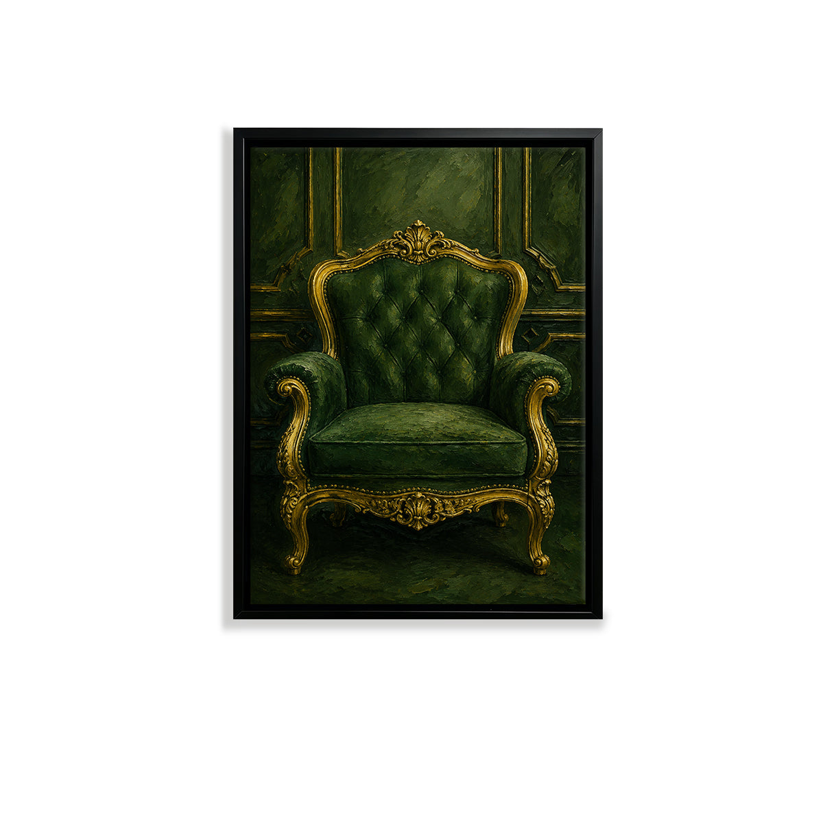 Framed Art Print of an Elegant Green Velvet Armchair with Gold Accents, Classic Style for Home Decor