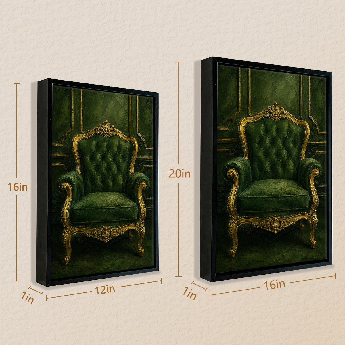 Framed Art Print of an Elegant Green Velvet Armchair with Gold Accents, Classic Style for Home Decor