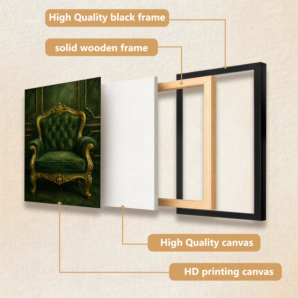 Framed Art Print of an Elegant Green Velvet Armchair with Gold Accents, Classic Style for Home Decor
