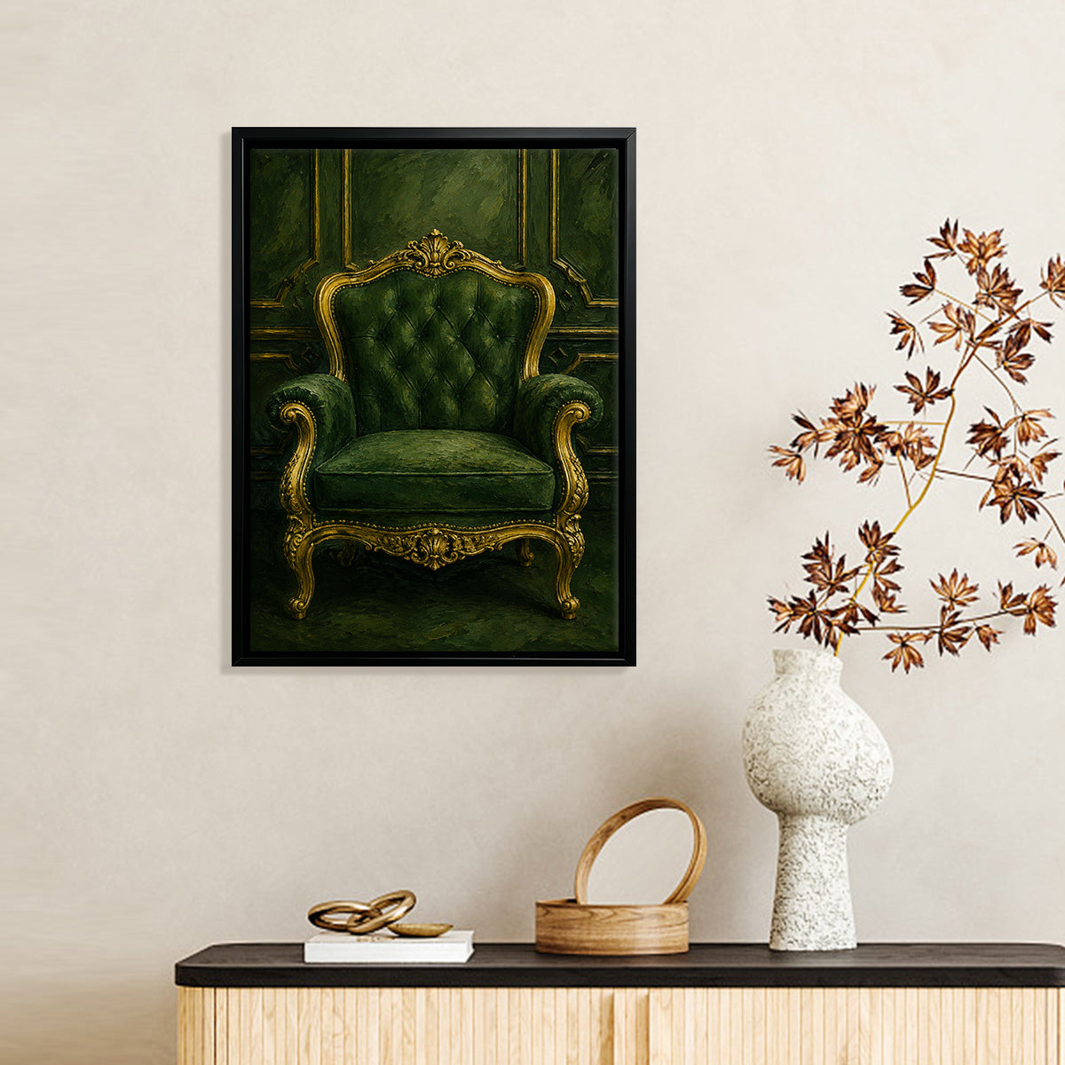Framed Art Print of an Elegant Green Velvet Armchair with Gold Accents, Classic Style for Home Decor