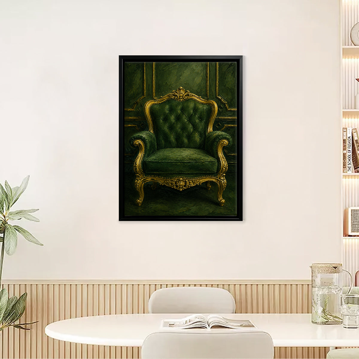 Framed Art Print of an Elegant Green Velvet Armchair with Gold Accents, Classic Style for Home Decor