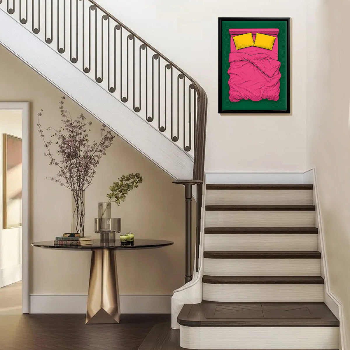 Framed Pop Art Bed Illustration Print, Vibrant Pink and Green Design, Perfect Home Decor for Any Room