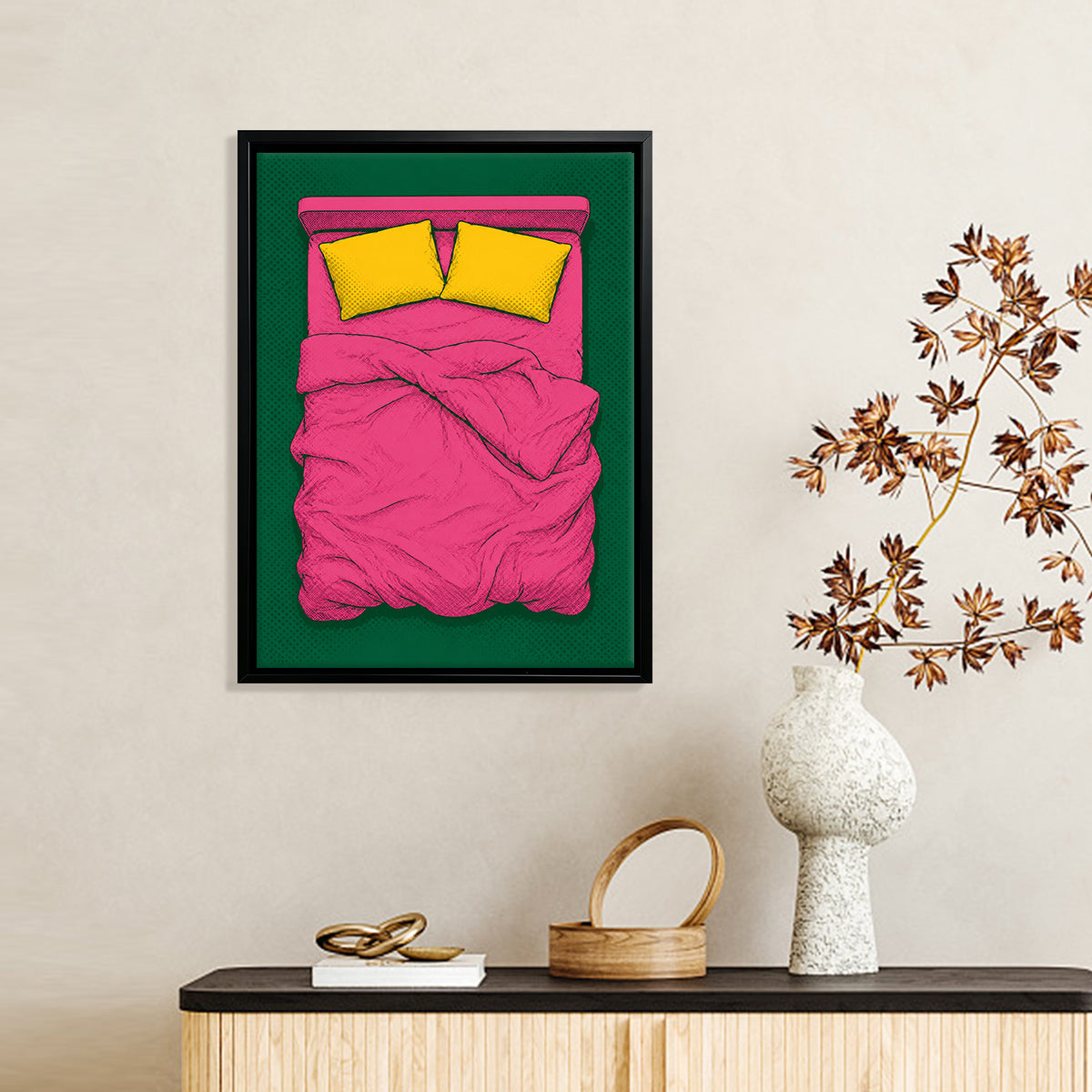 Framed Pop Art Bed Illustration Print, Vibrant Pink and Green Design, Perfect Home Decor for Any Room