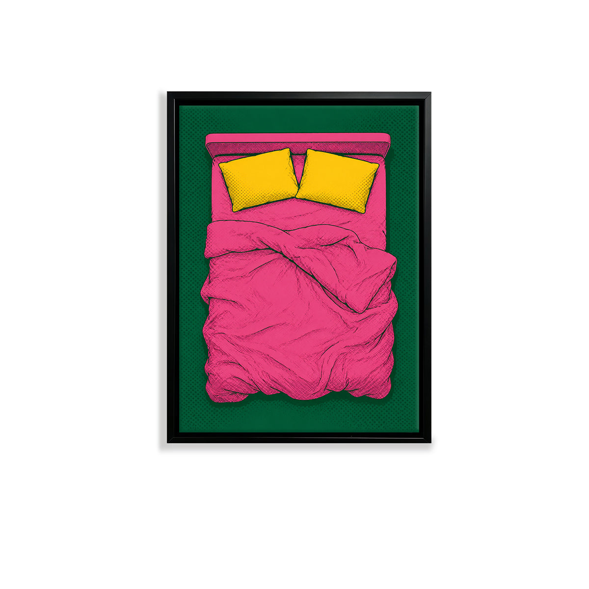 Framed Pop Art Bed Illustration Print, Vibrant Pink and Green Design, Perfect Home Decor for Any Room