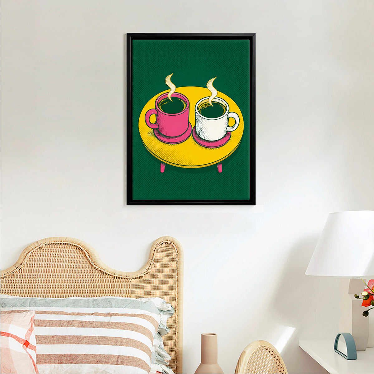 Framed Coffee Cups Art Print, Pop Art Style, Vibrant Green and Yellow, Perfect for Kitchen or Living Room Décor