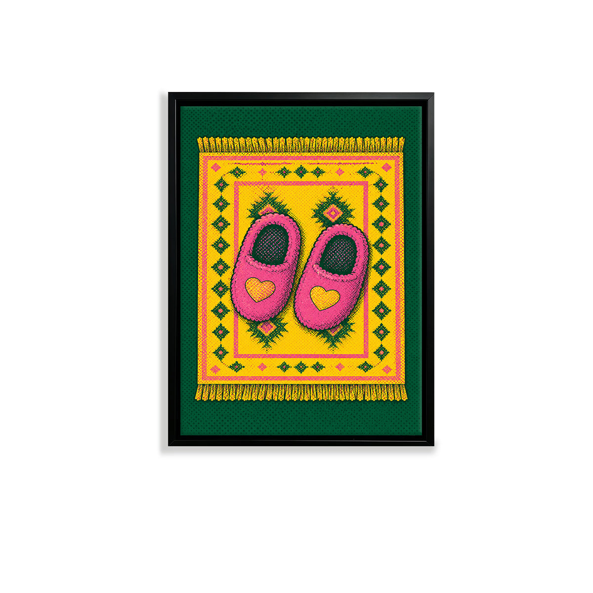 Framed Art Print of Pink Heart-Embellished Slippers on a Vibrant Rug, Bohemian Style, Perfect for Home Decor or Gift