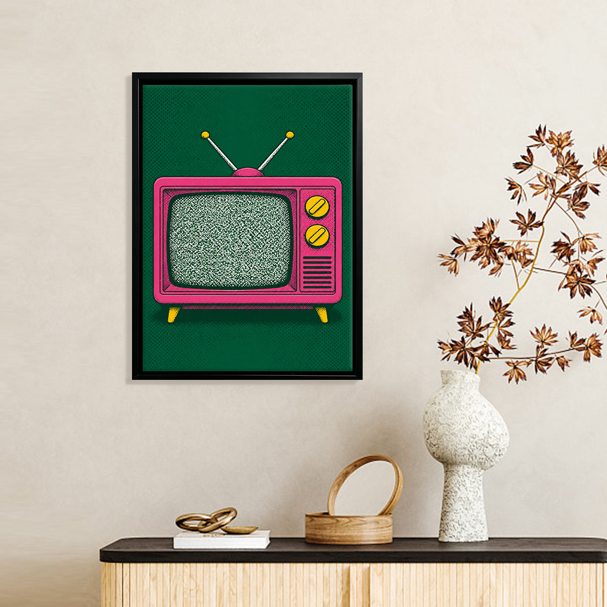 Vintage Pink TV Art Print, Pop Art Style, Framed Wall Decor for Living Room or Bedroom