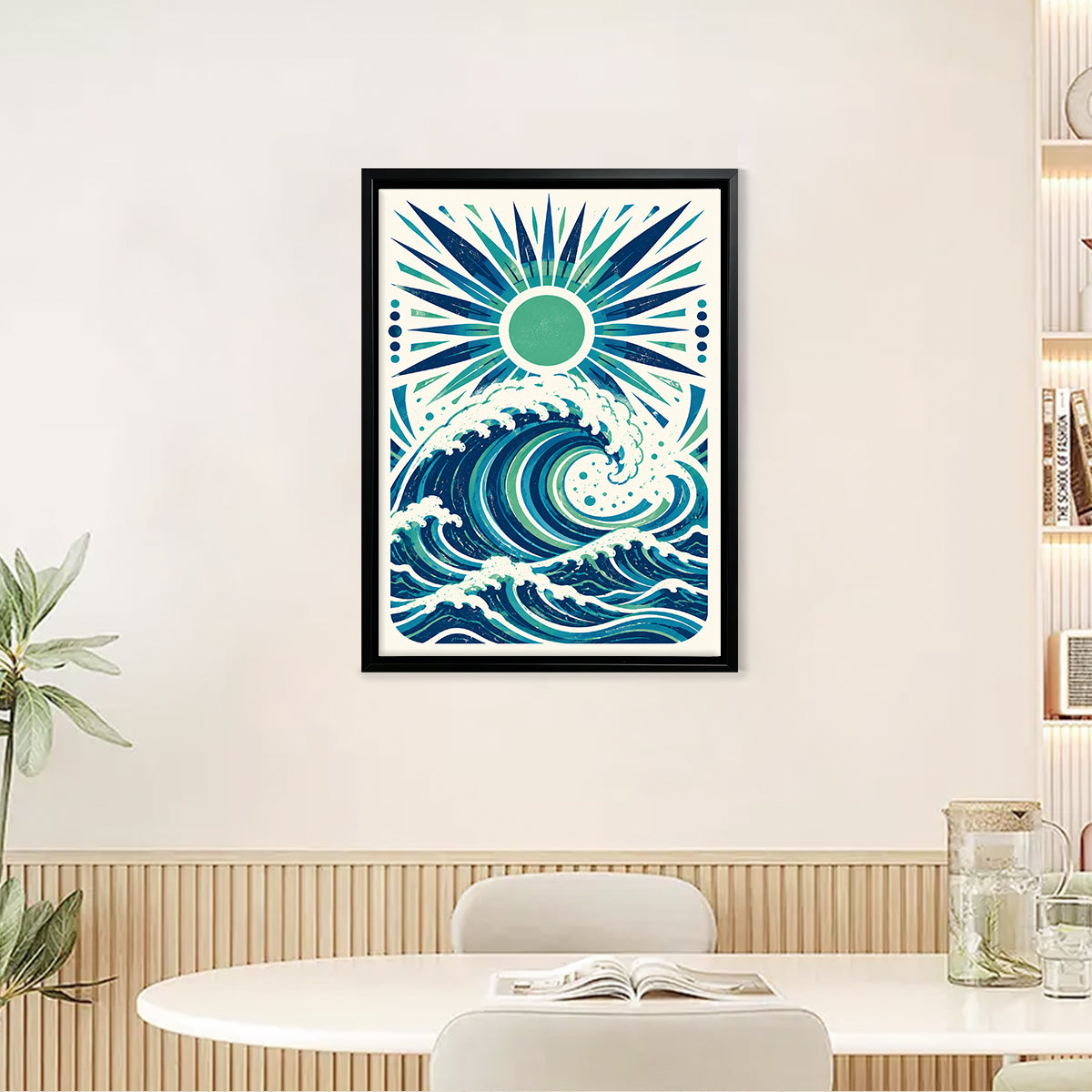 Framed Ocean Wave Art Print with Sunburst Design, Vintage Style, High-Quality Matte Finish, Perfect for Home Decor in Any Room