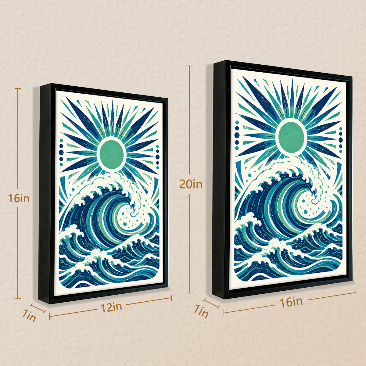 Framed Ocean Wave Art Print with Sunburst Design, Vintage Style, High-Quality Matte Finish, Perfect for Home Decor in Any Room