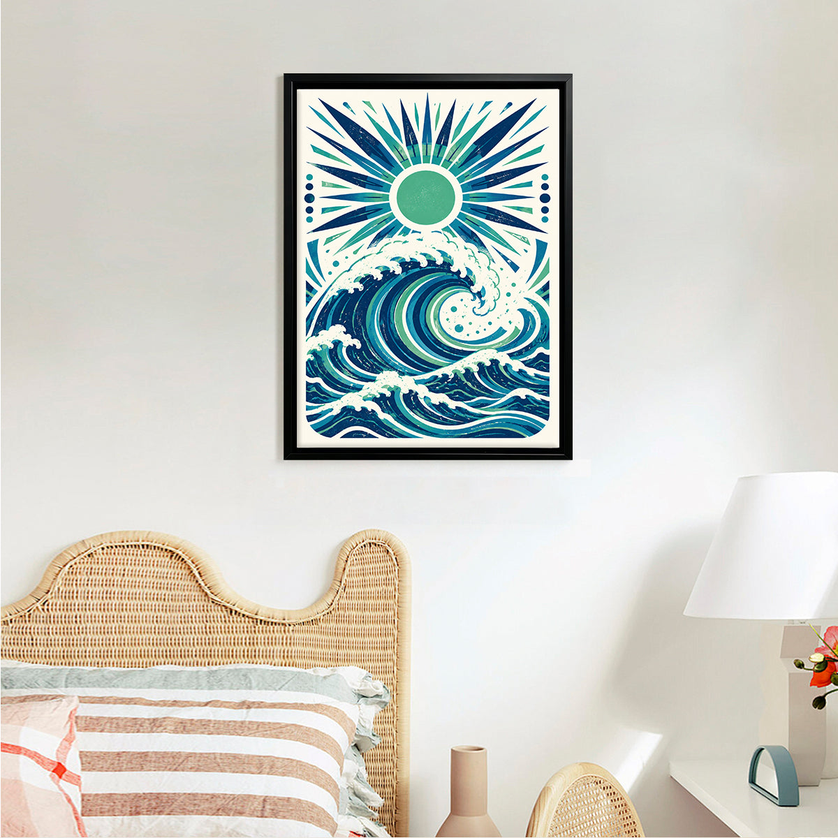 Framed Ocean Wave Art Print with Sunburst Design, Vintage Style, High-Quality Matte Finish, Perfect for Home Decor in Any Room