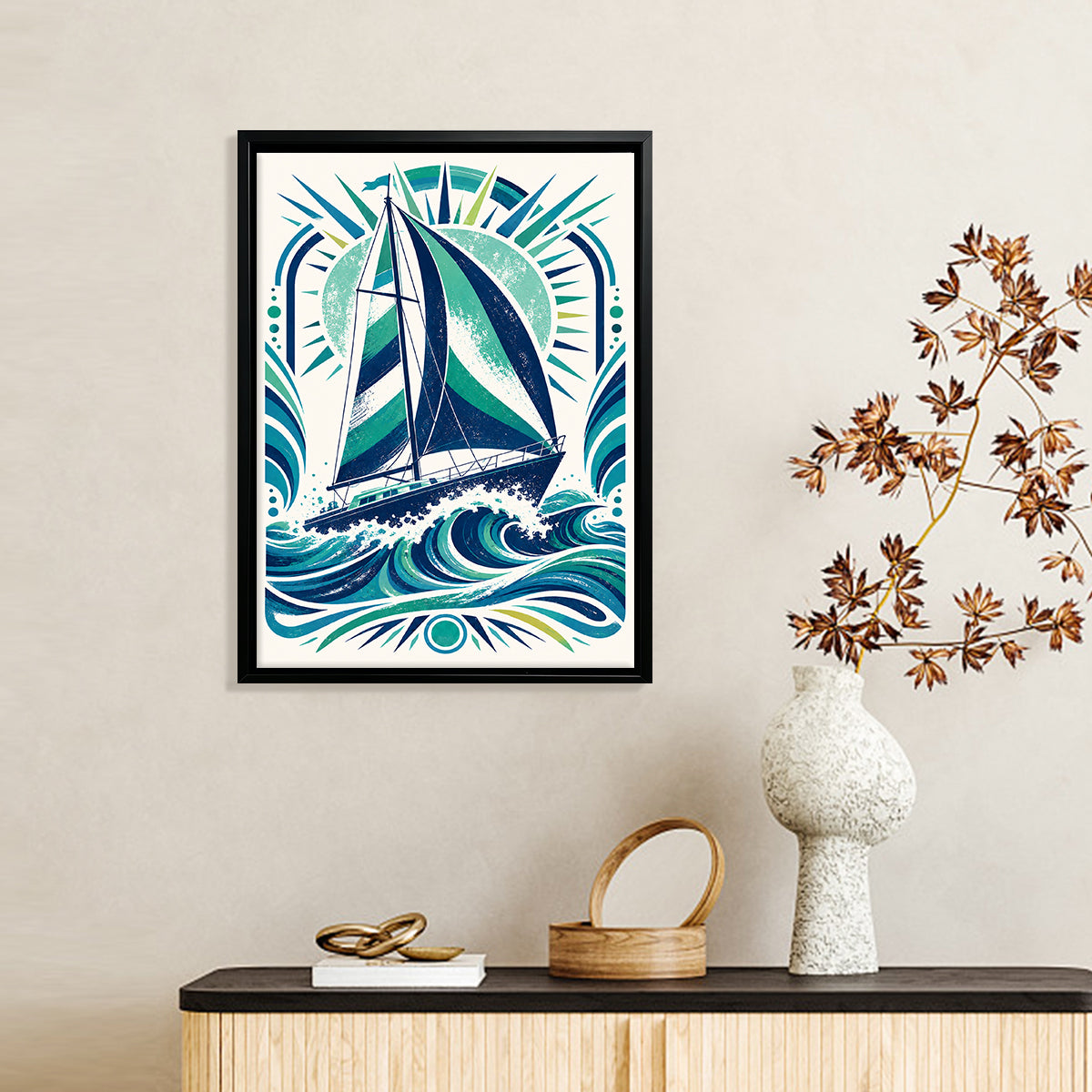 Framed Sailboat Art Print with Ocean Waves Design, Vintage Style, High-Quality Matte Finish, Perfect for Home Decor in Any Room