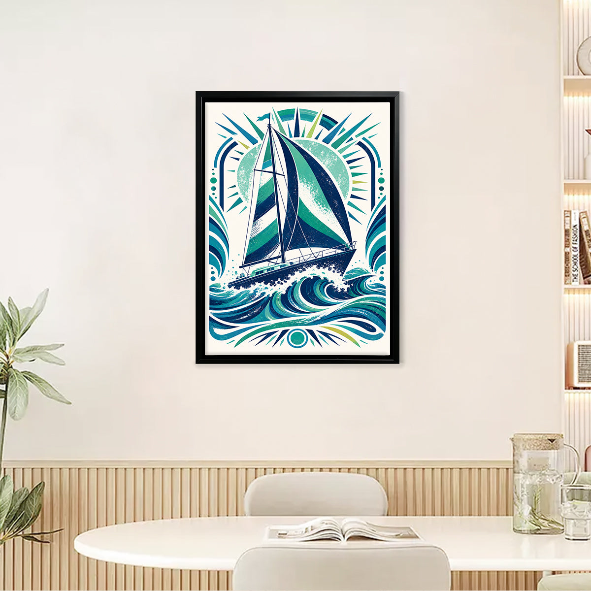 Framed Sailboat Art Print with Ocean Waves Design, Vintage Style, High-Quality Matte Finish, Perfect for Home Decor in Any Room