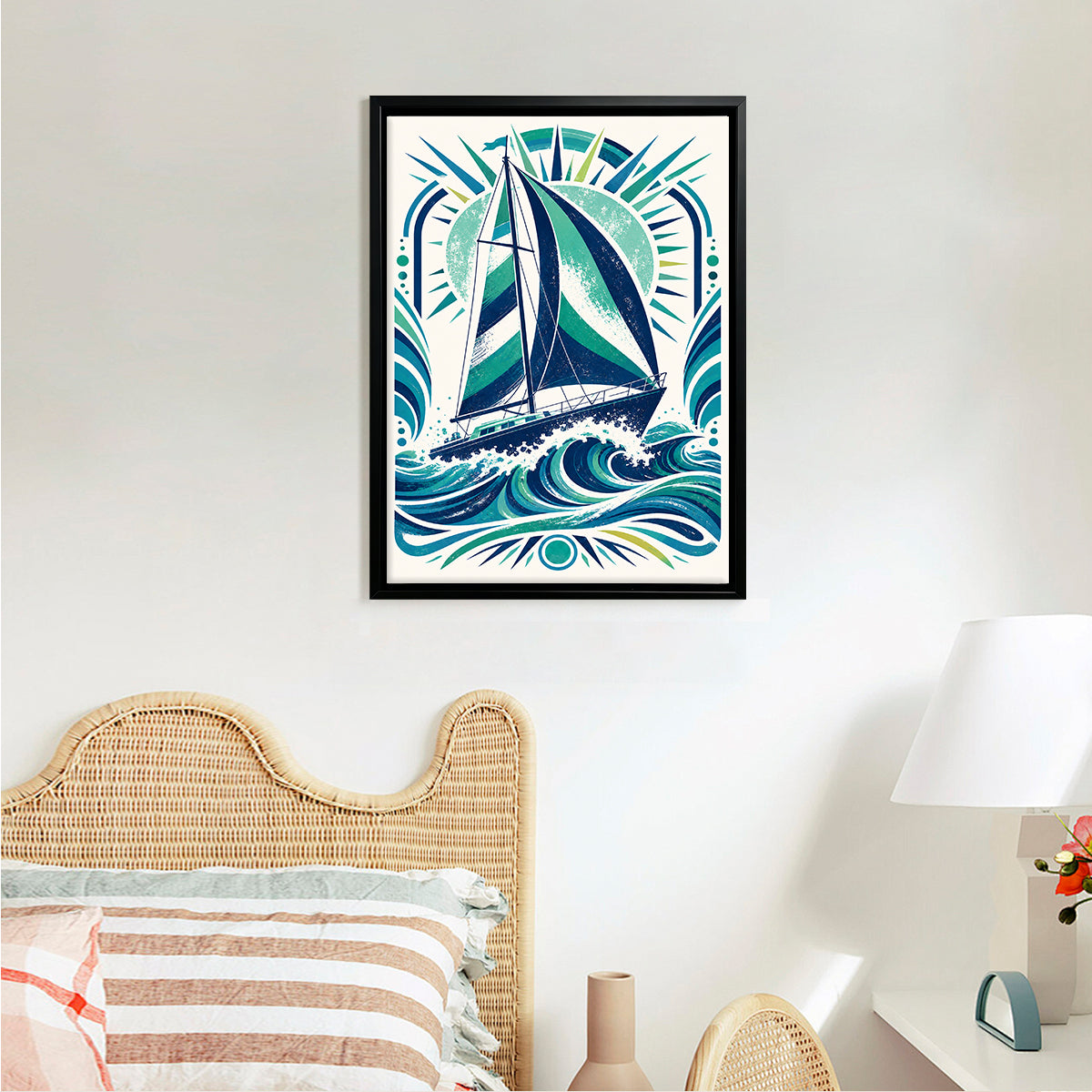 Framed Sailboat Art Print with Ocean Waves Design, Vintage Style, High-Quality Matte Finish, Perfect for Home Decor in Any Room