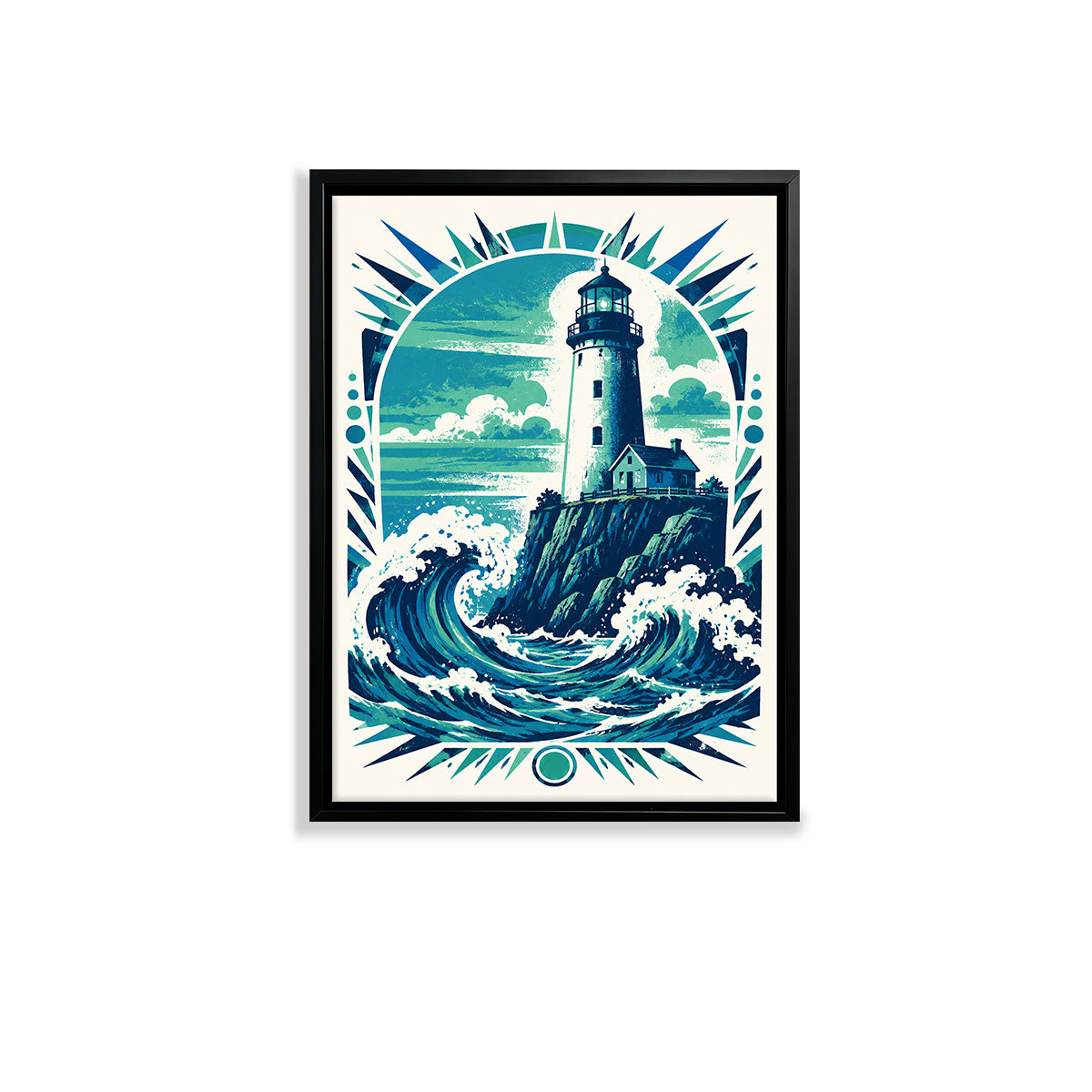 Framed Lighthouse Waves Art Print, Vintage Style, High-Quality Giclee on Canvas, Perfect for Home Decor in Coastal States like Maine