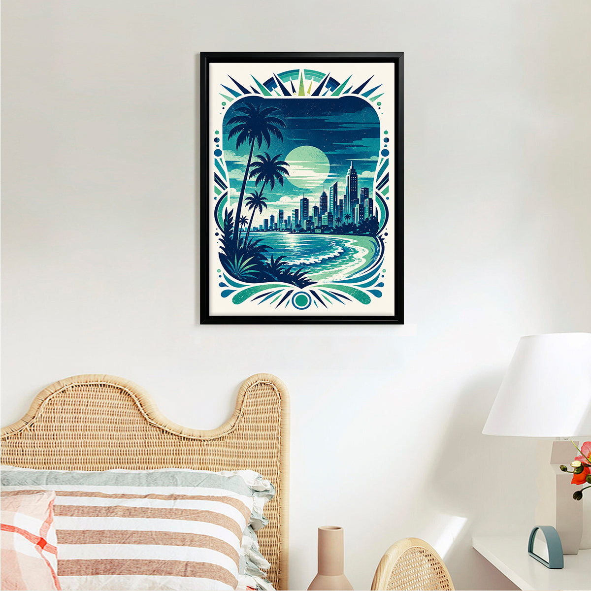 Framed Tropical Cityscape Art Print, Vintage Style, High-Quality Matte Finish, Perfect for Home Decor in California