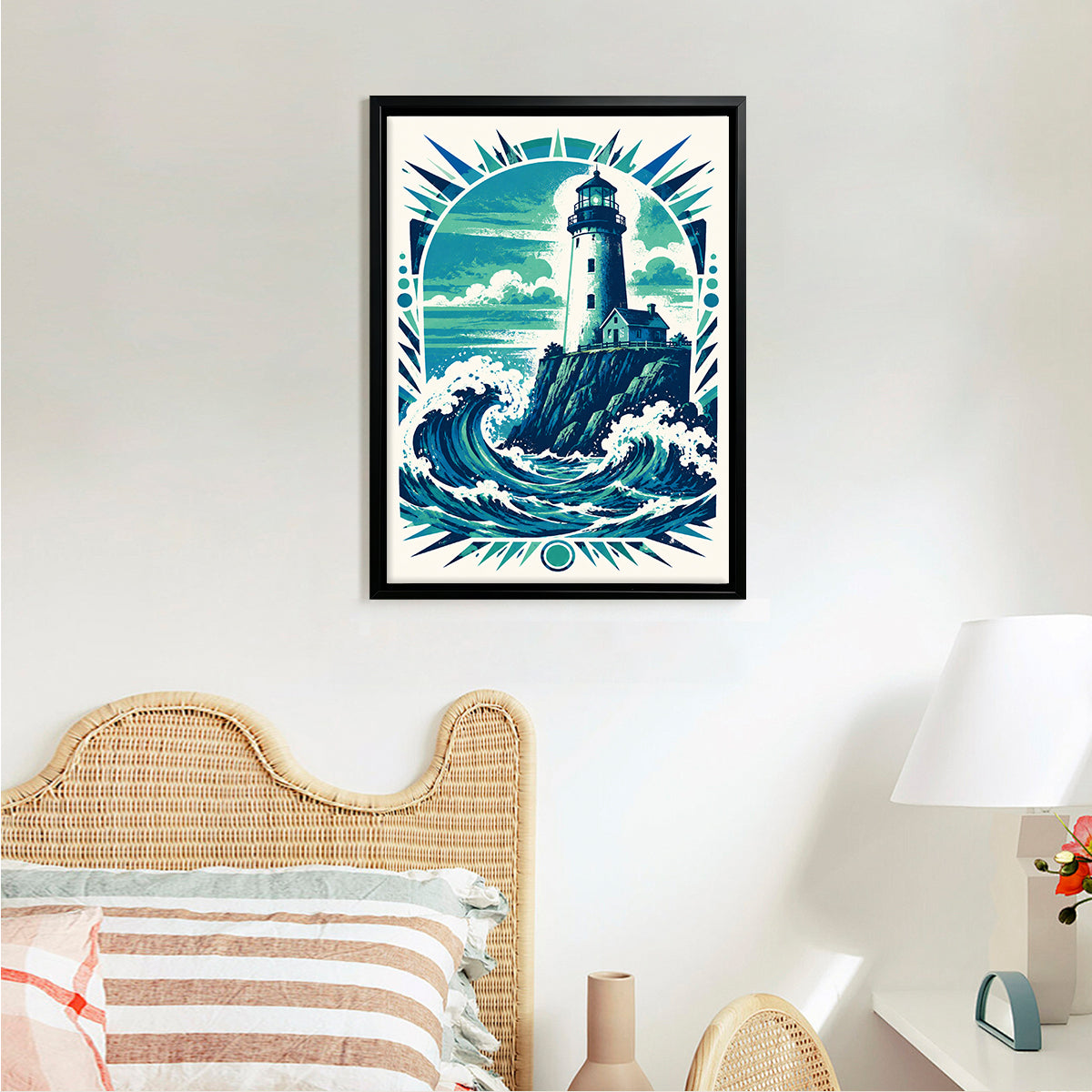 Framed Lighthouse Waves Art Print, Vintage Style, High-Quality Giclee on Canvas, Perfect for Home Decor in Coastal States like Maine