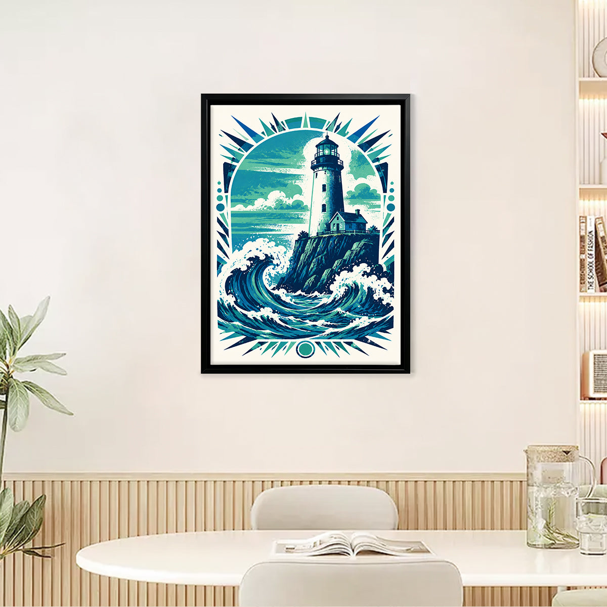 Framed Lighthouse Waves Art Print, Vintage Style, High-Quality Giclee on Canvas, Perfect for Home Decor in Coastal States like Maine