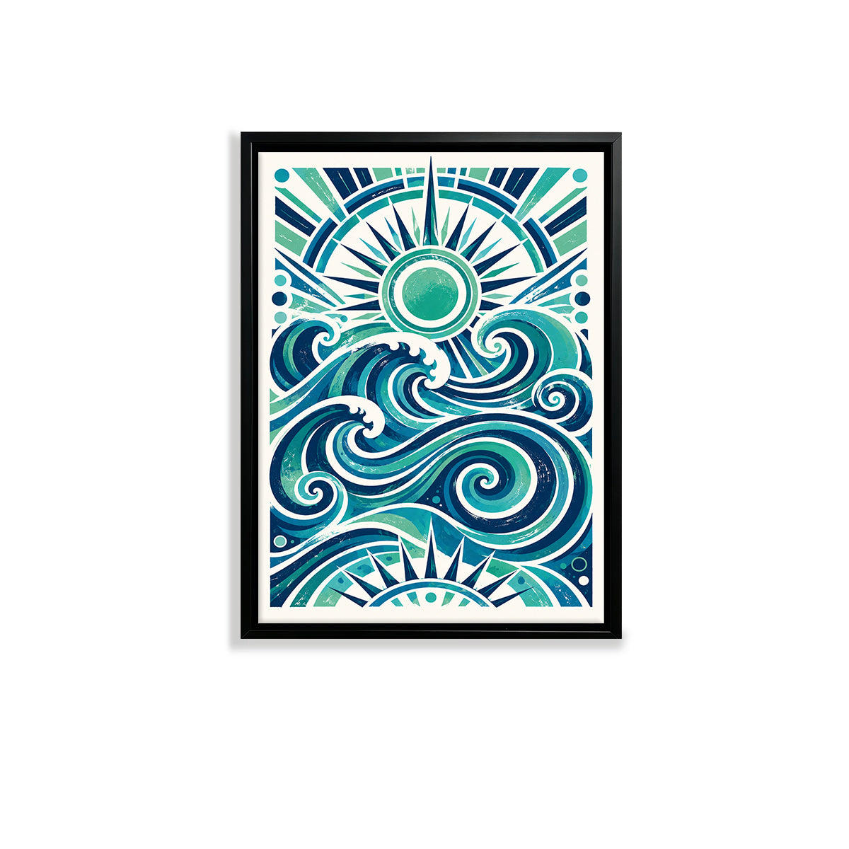 Framed Ocean Waves Art Print with Sunburst Design, Vibrant Blue Green Colors, Perfect for Home Decor in California