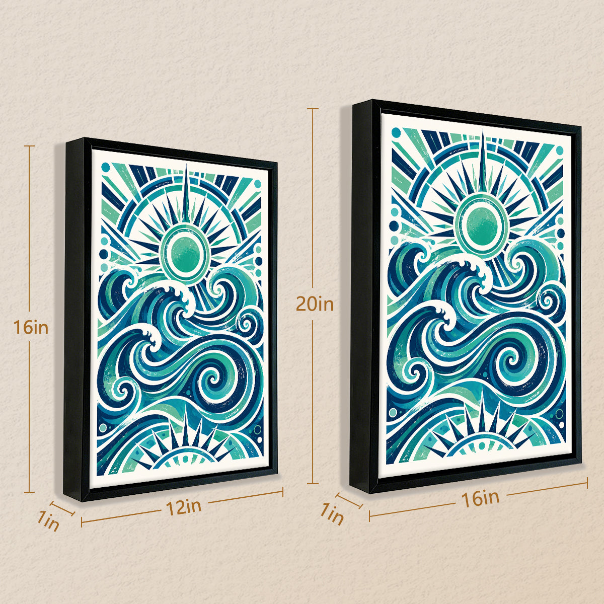 Framed Ocean Waves Art Print with Sunburst Design, Vibrant Blue Green Colors, Perfect for Home Decor in California