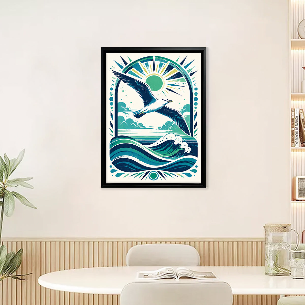Framed Seagull Ocean Waves Art Print, Vintage Style, High-Quality Giclee, Perfect for Home Decor in California