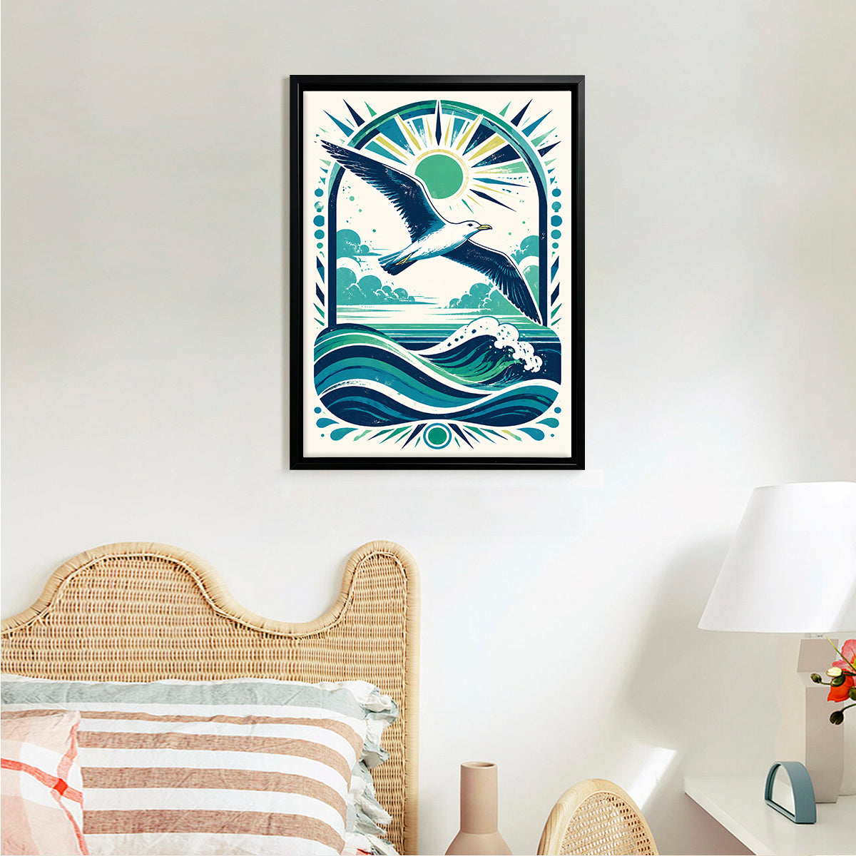 Framed Seagull Ocean Waves Art Print, Vintage Style, High-Quality Giclee, Perfect for Home Decor in California