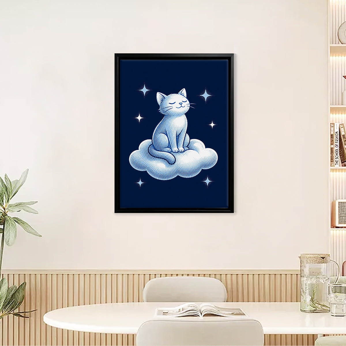 Framed Art Print of a Serene Cat Sitting on a Cloud, Blue and White Illustration, Perfect for Home Decor in Any Room