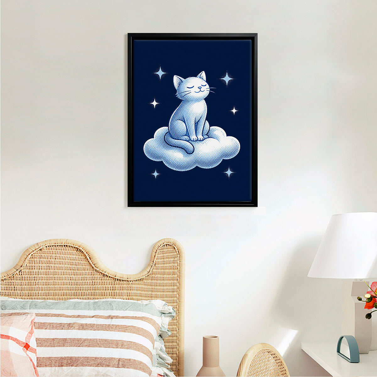 Framed Art Print of a Serene Cat Sitting on a Cloud, Blue and White Illustration, Perfect for Home Decor in Any Room