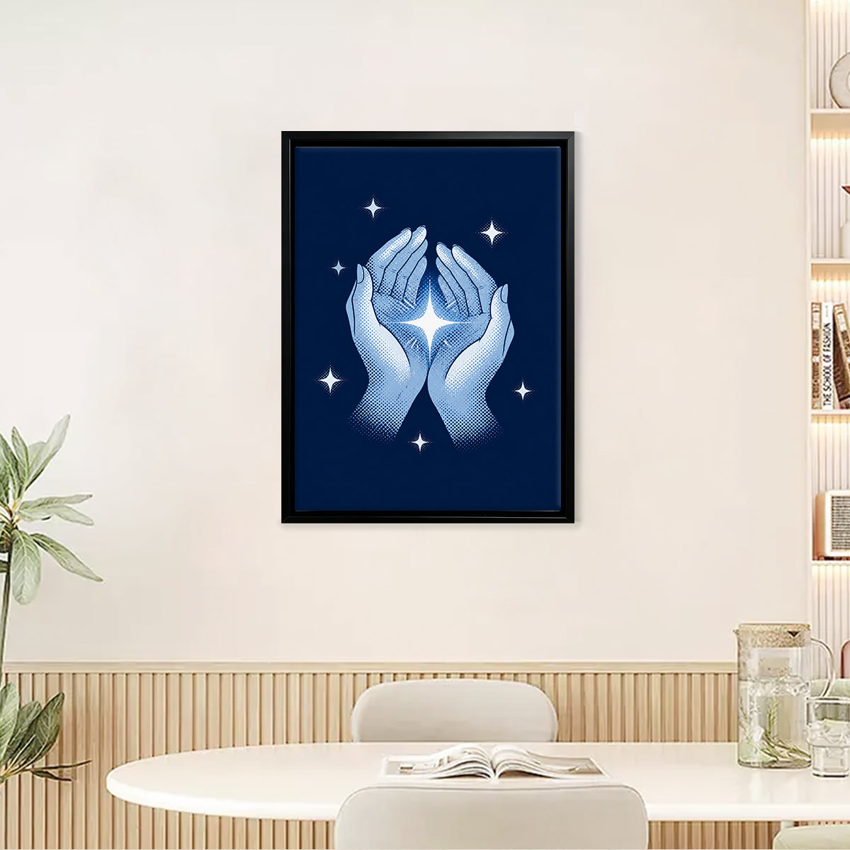 Framed Hands Holding Star Art Print, Blue Fantasy Style, High-Quality Matte Finish, Perfect Home Decor for Any Room