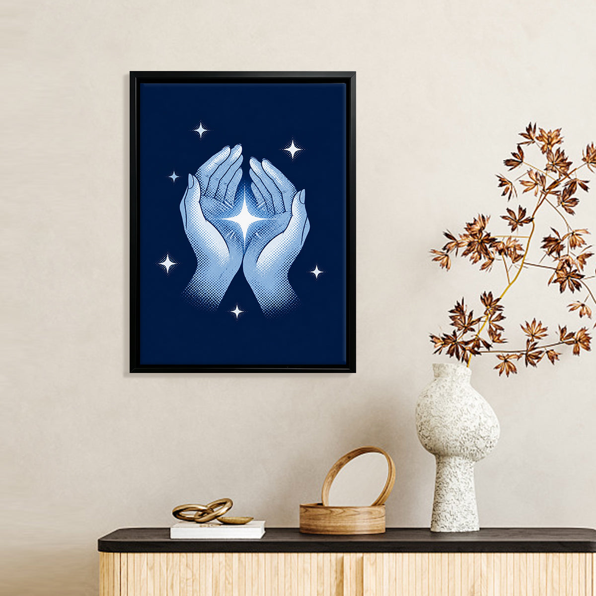 Framed Hands Holding Star Art Print, Blue Fantasy Style, High-Quality Matte Finish, Perfect Home Decor for Any Room