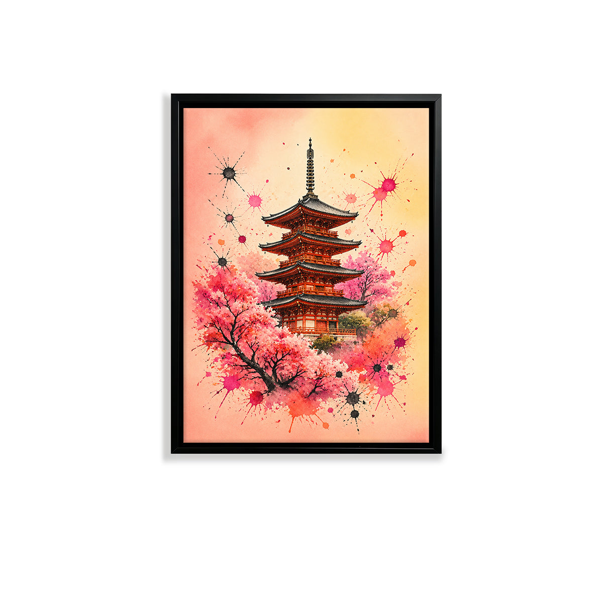 Framed Japanese Pagoda Art Print with Cherry Blossoms, Vibrant Watercolor Style, Perfect Home Decor for Living Room or Bedroom