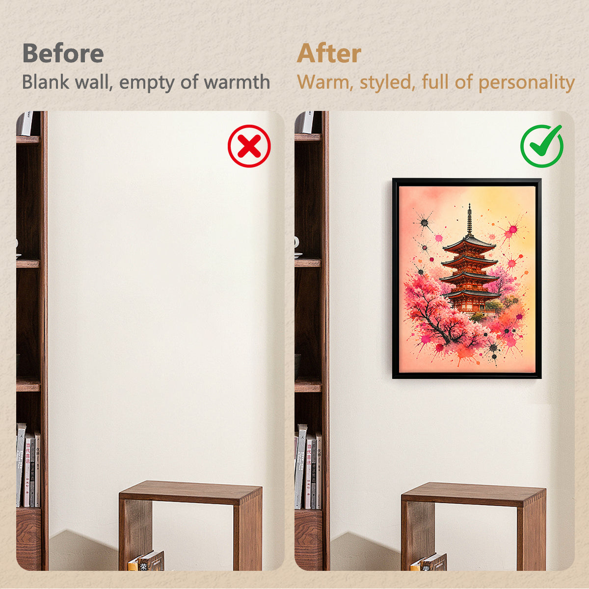 Framed Japanese Pagoda Art Print with Cherry Blossoms, Vibrant Watercolor Style, Perfect Home Decor for Living Room or Bedroom