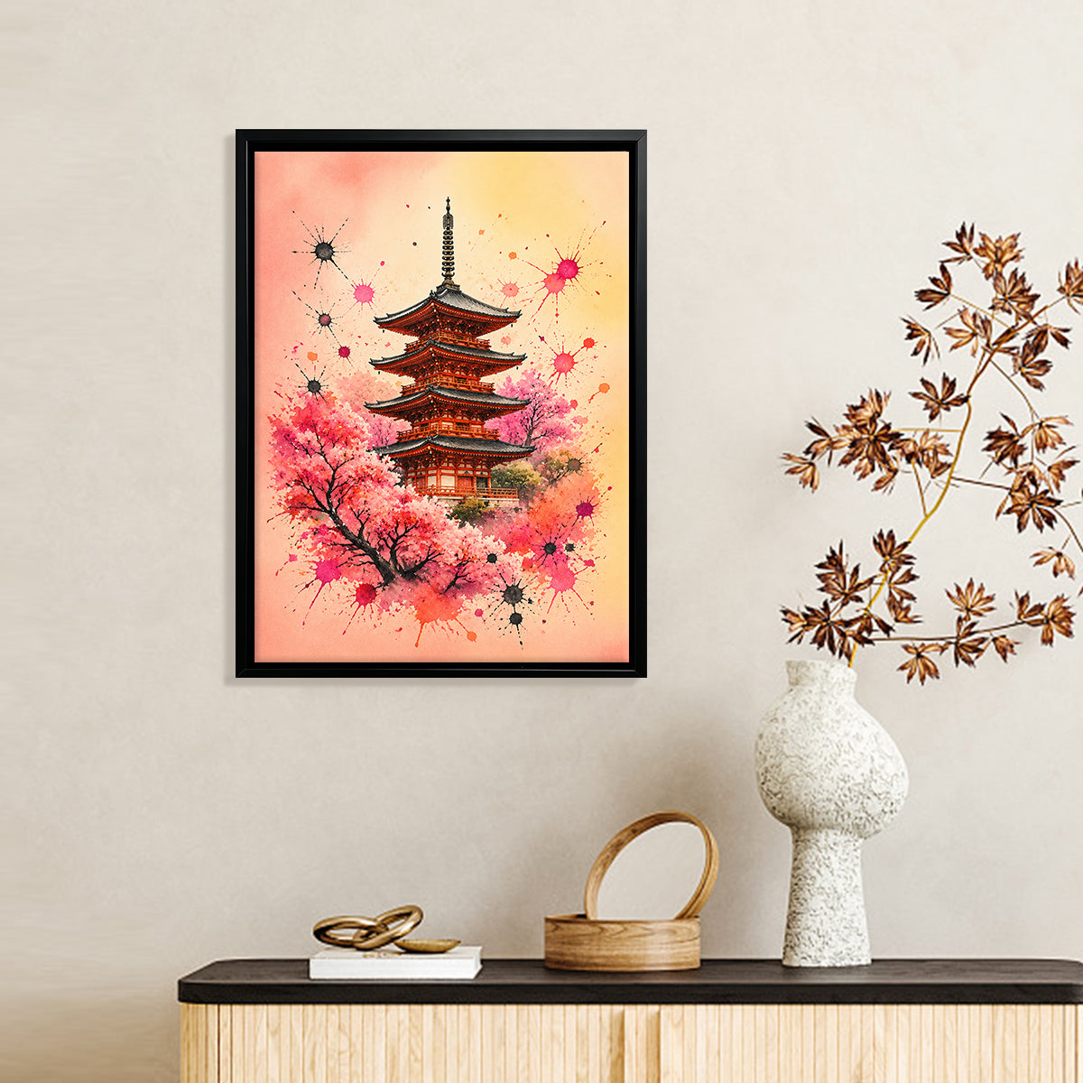 Framed Japanese Pagoda Art Print with Cherry Blossoms, Vibrant Watercolor Style, Perfect Home Decor for Living Room or Bedroom