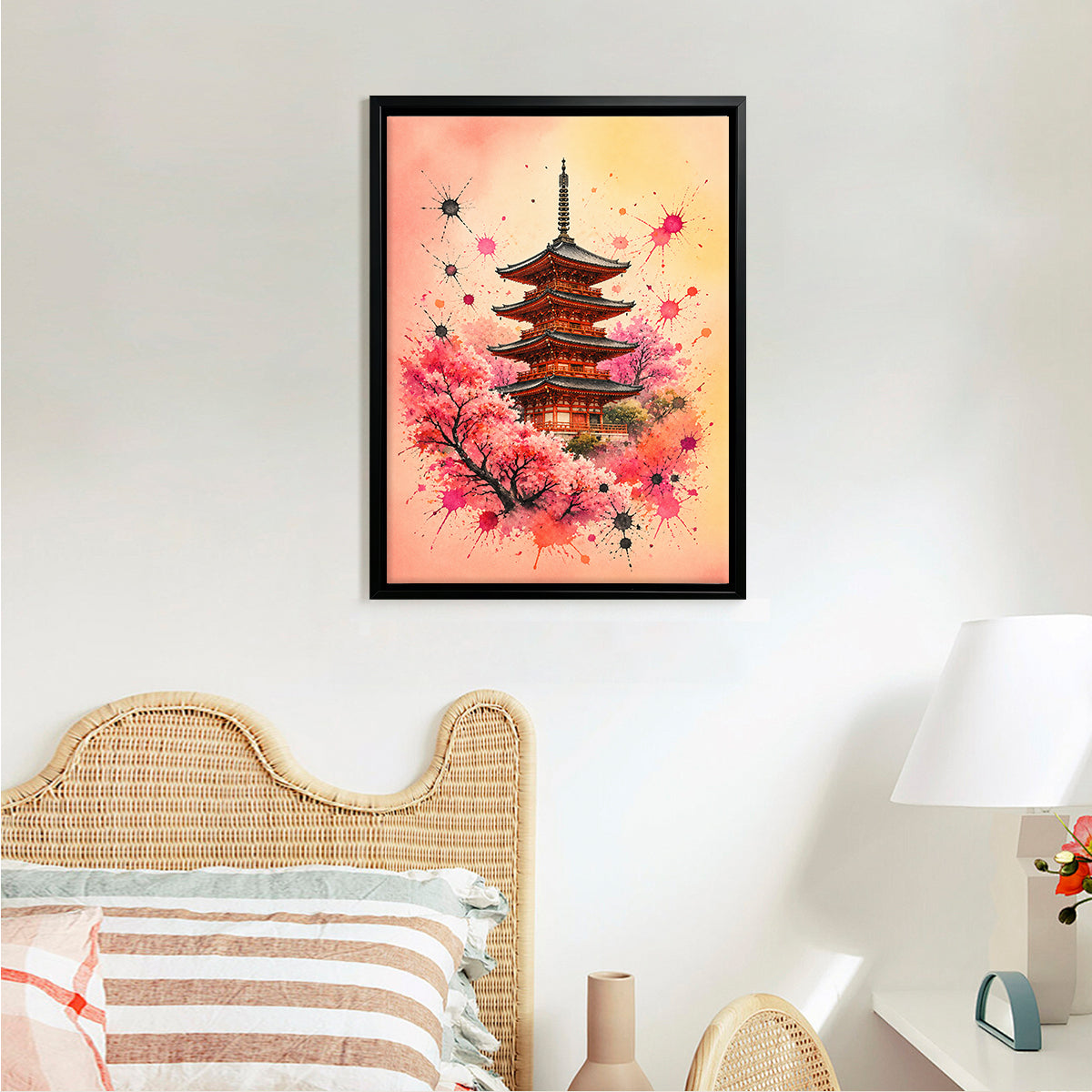 Framed Japanese Pagoda Art Print with Cherry Blossoms, Vibrant Watercolor Style, Perfect Home Decor for Living Room or Bedroom