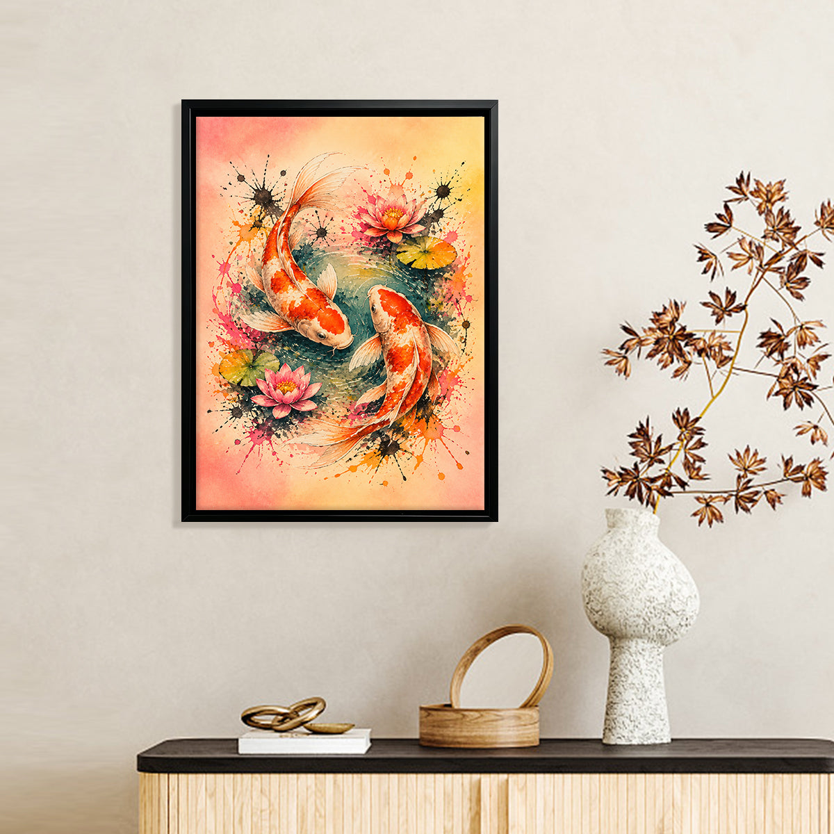 Framed Koi Fish Watercolor Art Print with Lotus Flowers, Vibrant Asian Style, Perfect Home Decor for Living Room or Bedroom