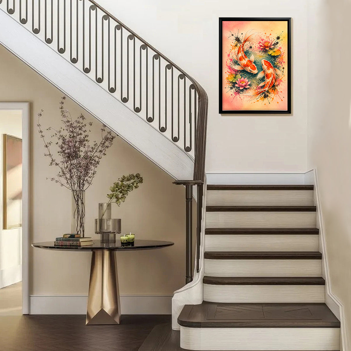 Framed Koi Fish Watercolor Art Print with Lotus Flowers, Vibrant Asian Style, Perfect Home Decor for Living Room or Bedroom