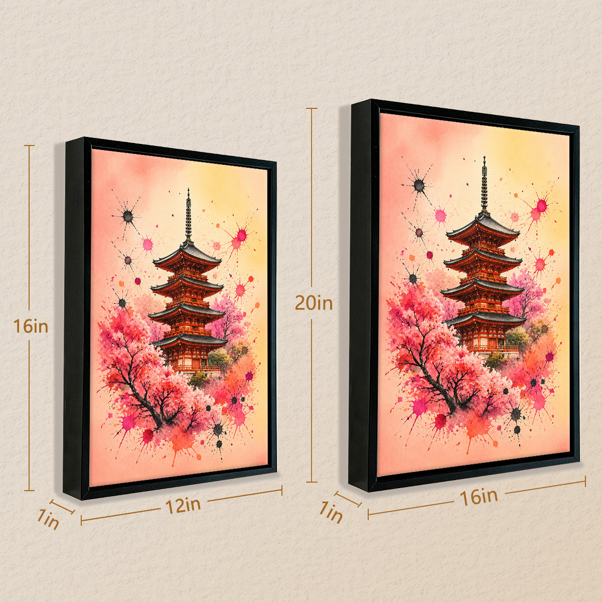 Framed Japanese Pagoda Art Print with Cherry Blossoms, Vibrant Watercolor Style, Perfect Home Decor for Living Room or Bedroom