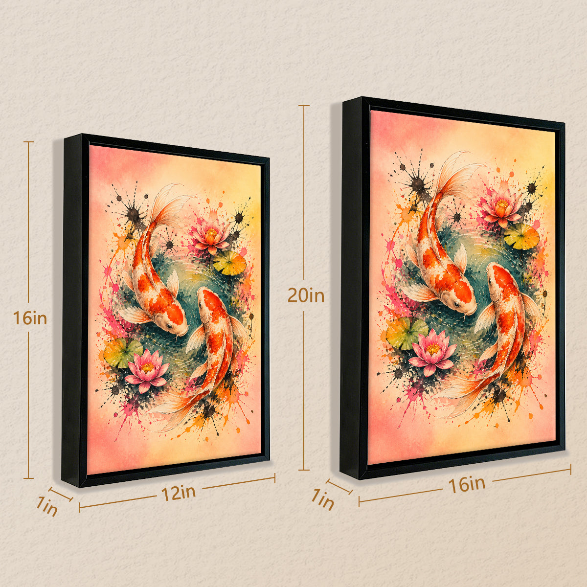 Framed Koi Fish Watercolor Art Print with Lotus Flowers, Vibrant Asian Style, Perfect Home Decor for Living Room or Bedroom