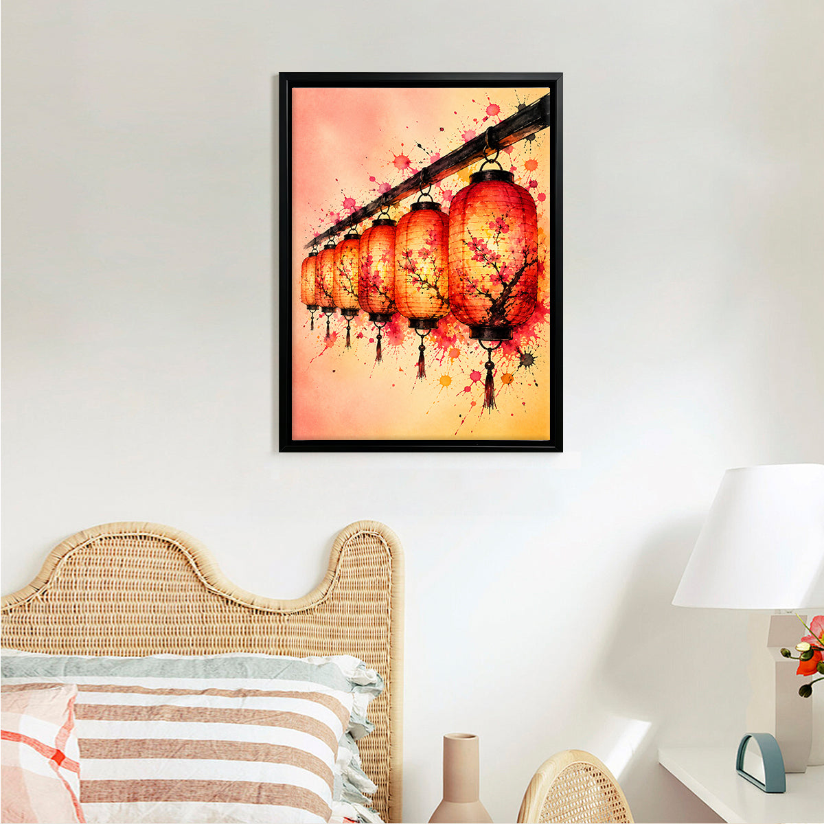 Framed Oriental Lantern Art Print with Cherry Blossom Design, Vibrant Colors for Home Decor