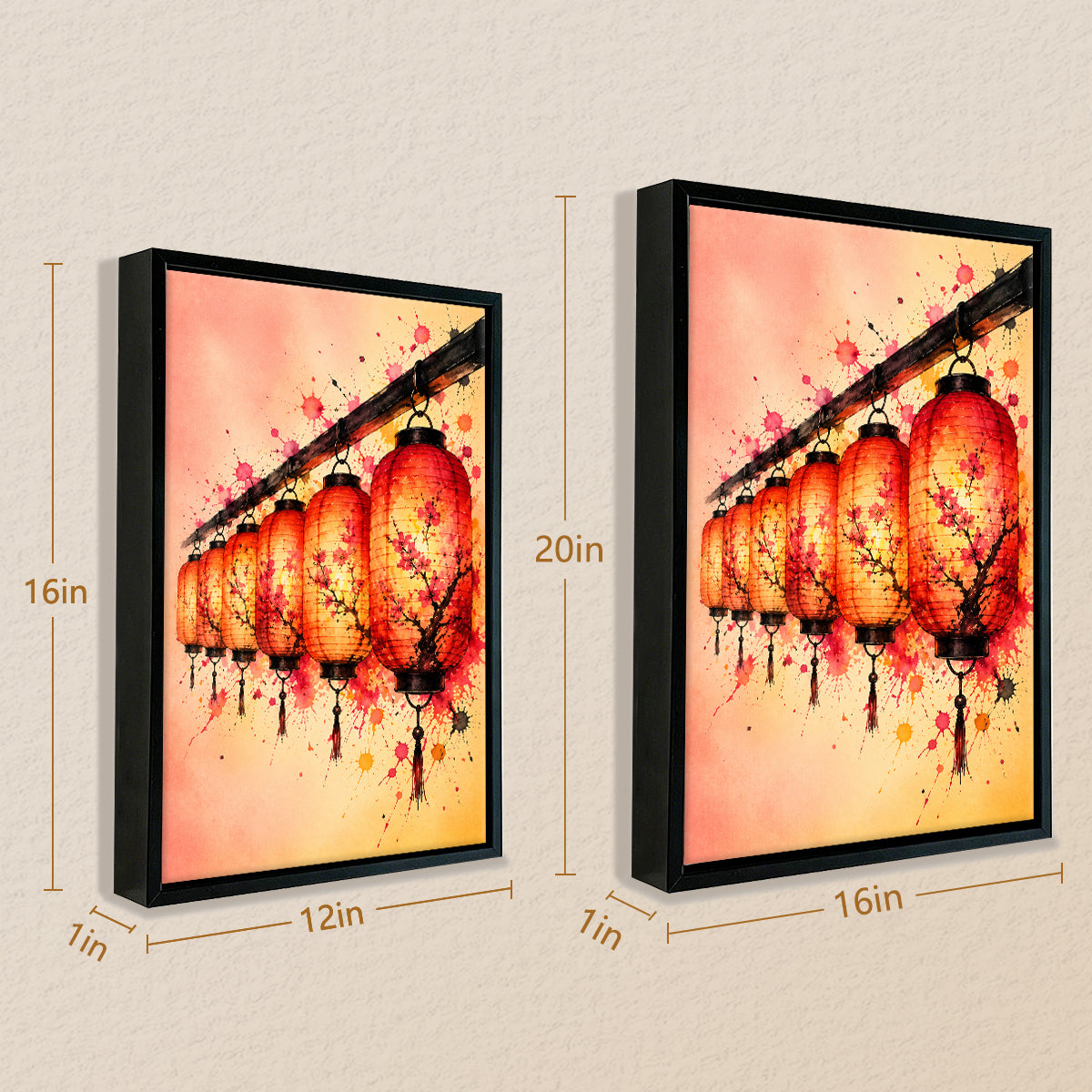 Framed Oriental Lantern Art Print with Cherry Blossom Design, Vibrant Colors for Home Decor