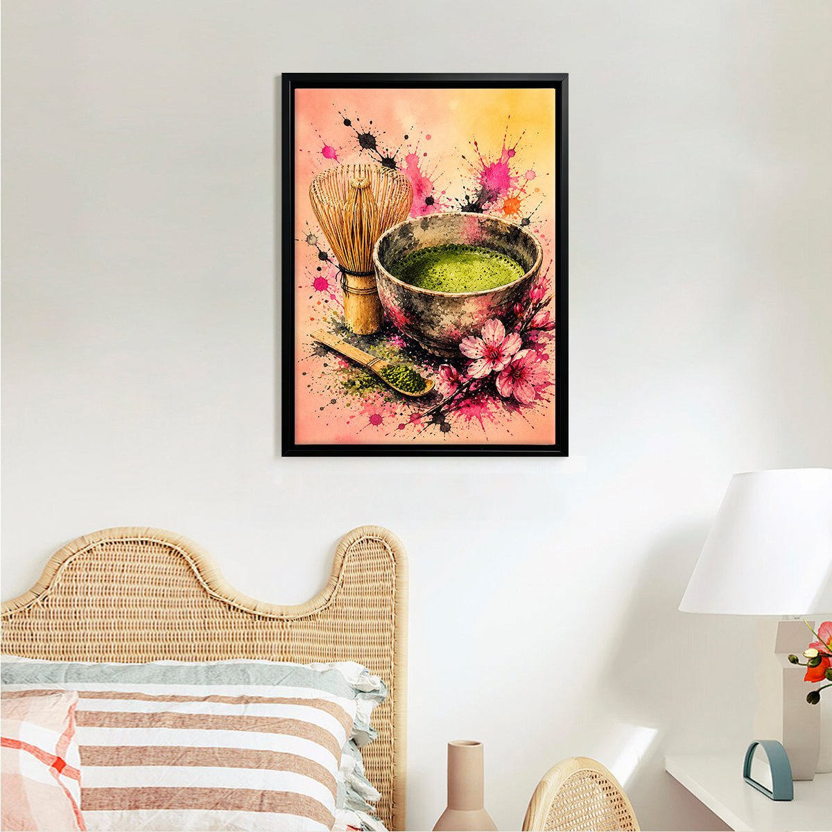 Framed Matcha Tea Art Print with Whisk and Flowers, Vibrant Watercolor Style, Perfect Home Decor for Any Room
