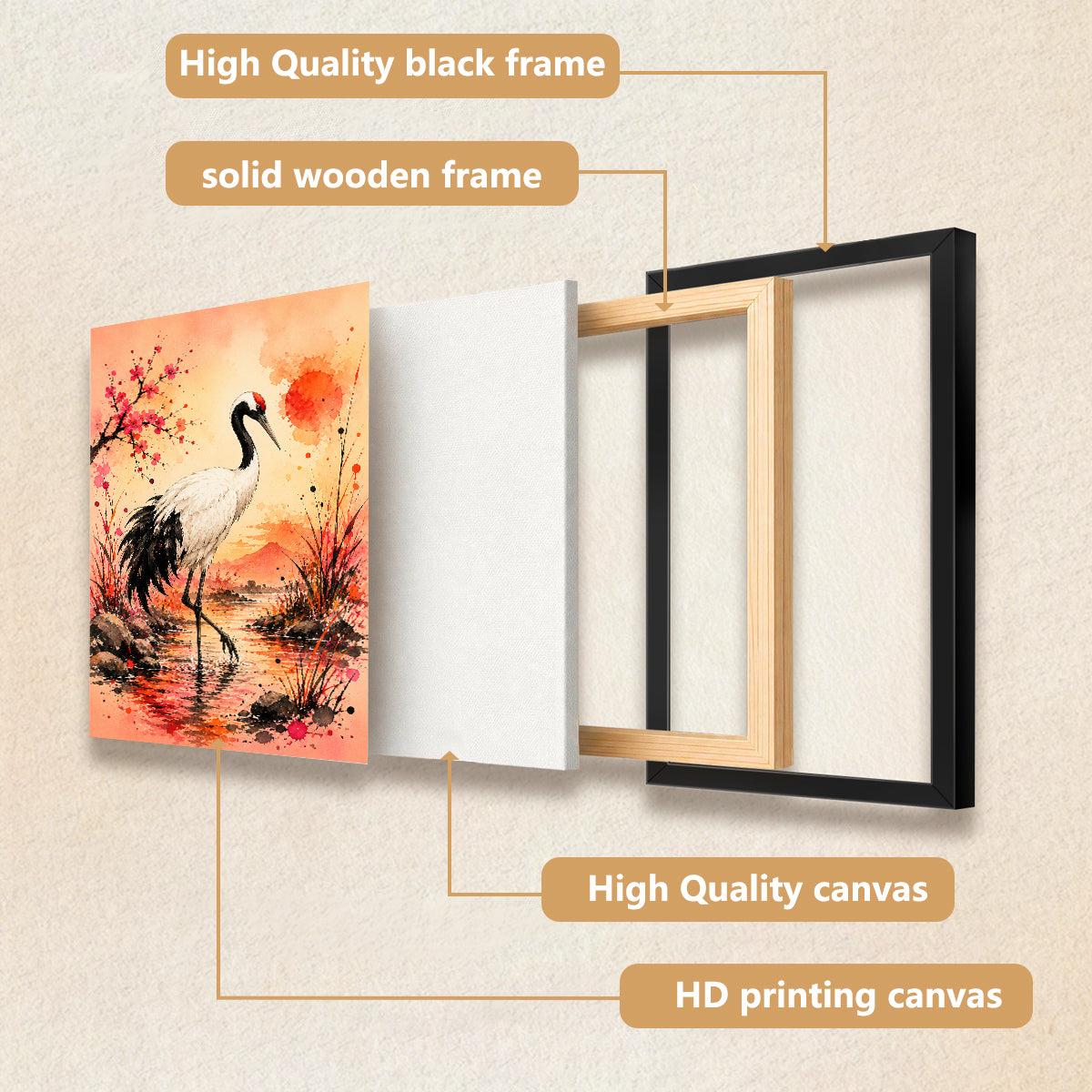 Framed Oriental Crane Art Print with Cherry Blossom Sunset Landscape, High-Quality Giclee on Canvas