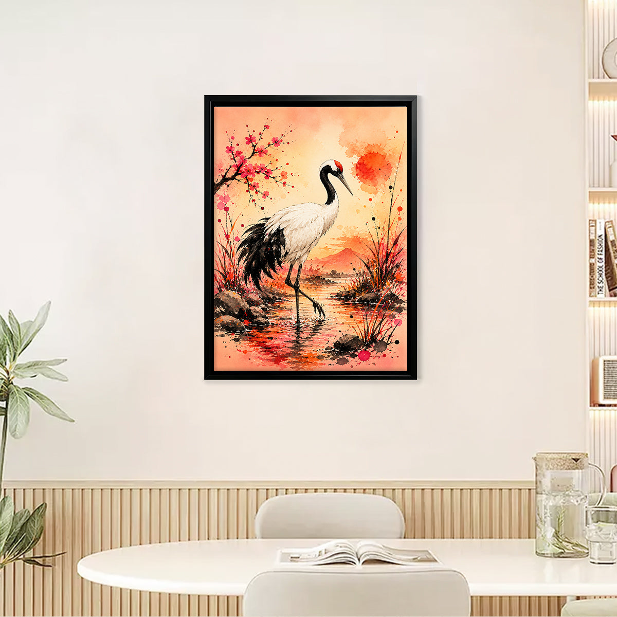Framed Oriental Crane Art Print with Cherry Blossom Sunset Landscape, High-Quality Giclee on Canvas