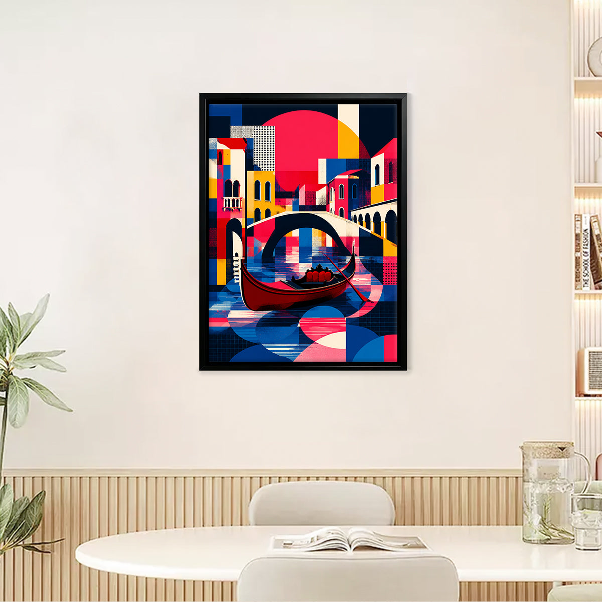 Framed Abstract Venice Gondola Art Print, Vibrant Colorful Design, High-Quality Canvas for Home Decor