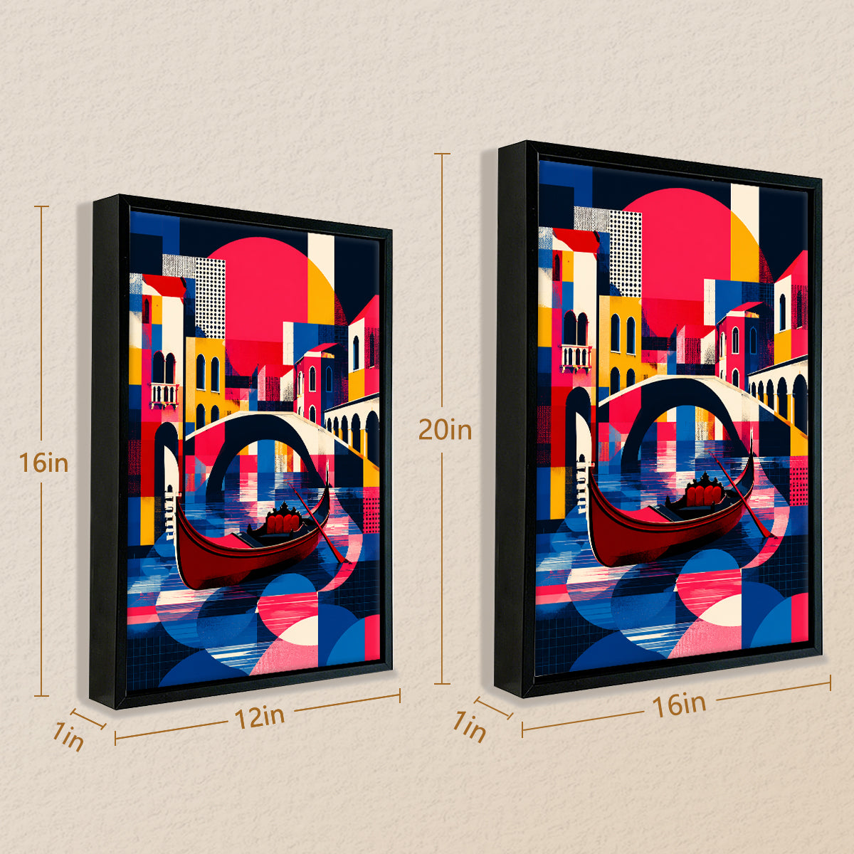 Framed Abstract Venice Gondola Art Print, Vibrant Colorful Design, High-Quality Canvas for Home Decor