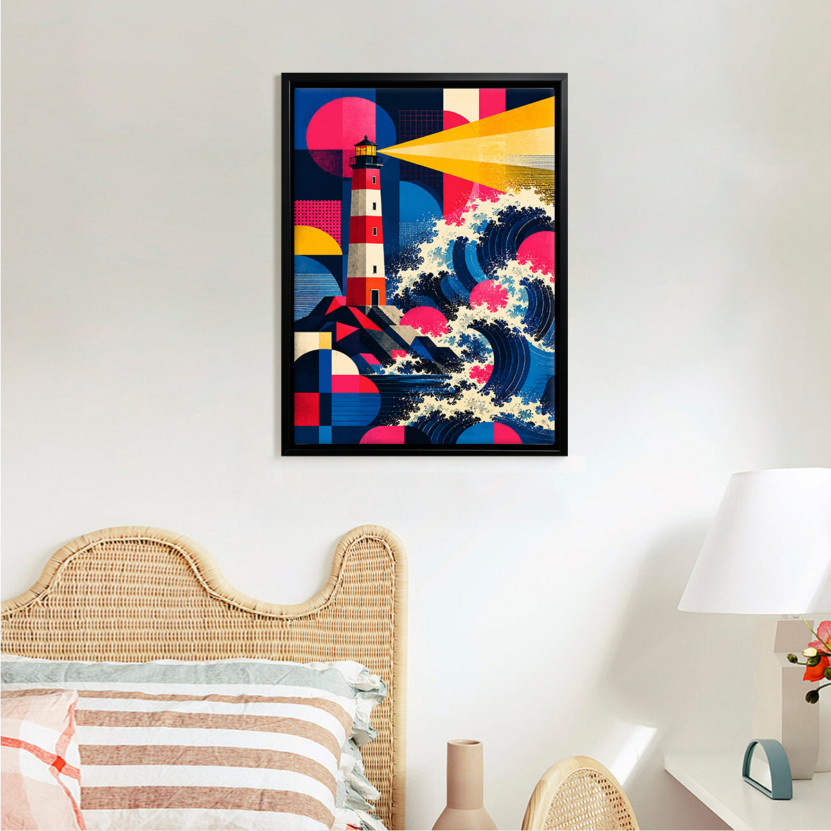 Framed Lighthouse Waves Art Print, Vibrant Abstract Design, High-Quality Matte Finish, Perfect for Home or Office Decor