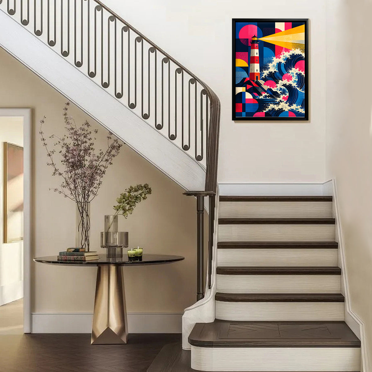 Framed Lighthouse Waves Art Print, Vibrant Abstract Design, High-Quality Matte Finish, Perfect for Home or Office Decor